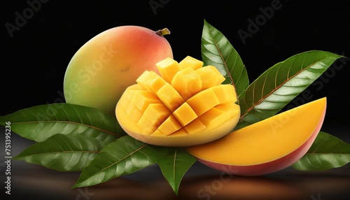 whole and slice ripe mango fruit with green leaves isolated png