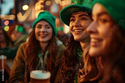 St. Patrick's Day. Group of jovial friends wearing green and enjoying pints of beer during St. Patrick's Day celebrations.