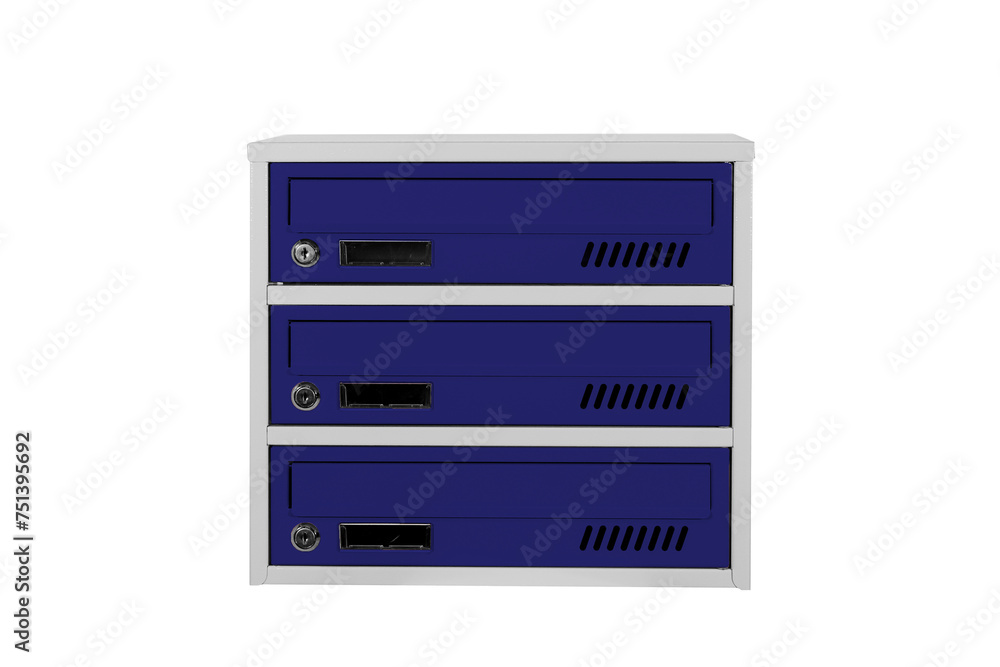Blue color mailboxes on the white background isolated. Mail box for entrance of apartment house. Metal mailbox Blue color mailboxes on the white background isolated. Mail box for entrance of apartment house. Metal mailbox