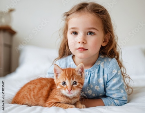 A little girl is sitting with a kitten. The scene is warm and friendly, with the girl and kitten enjoying each other's company