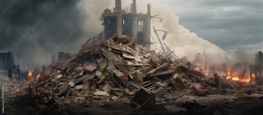 Devastated Building A large pile of rubble, remnants of a devastated building, sits in the ...
