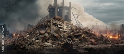 A large pile of rubble, remnants of a devastated building, sits in the middle of a field. The debris is scattered haphazardly, creating a scene of destruction and abandonment.