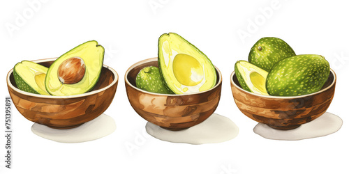 watercolor art of avocado in wooden bowl isolated on a white background as transparent PNG