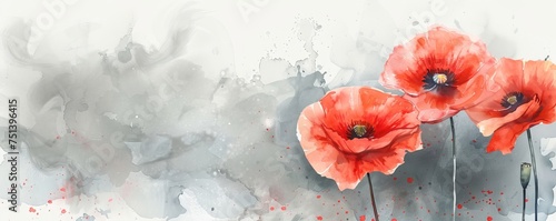 Abstract gray watercolor paint splash with red painted poppy. Lest we forget. Remembrance day or Anzac day symbol. With copyspace for your text.