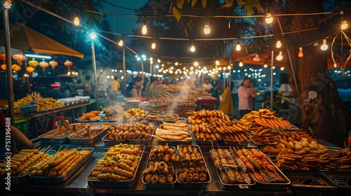 Traditional street foods line the stalls of a lively night market, creating an enticing atmosphere of flavors and aromas under the evening lights.