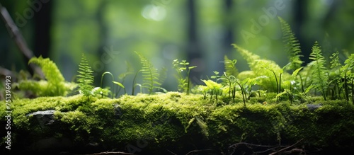 This close-up view showcases a weathered log covered in vibrant green moss within a dense forest setting. The moss intertwines with other green plants, creating a verdant scene.