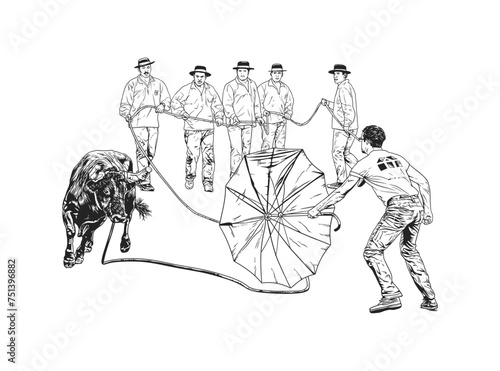Black and white vector line drawing of a bullfighting scene