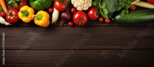 A variety of fresh organic vegetables, including carrots, tomatoes, cucumbers, bell peppers, and lettuce, are neatly arranged on a rustic wooden table, creating a colorful and healthy display.