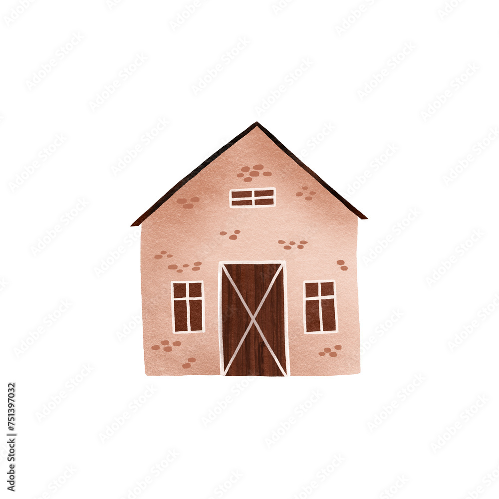 Drawn brick house. Rural house. Cute hand drawn baby illustration on isolated background