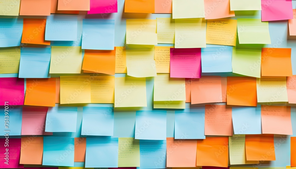 A variety of vibrant sticky notes are arranged in a structured manner on a wall, forming a Kanban system for organization and task management. A variety of vibrant sticky notes are arranged in a structured manner on a wall, forming a Kanban system for organization and task management.