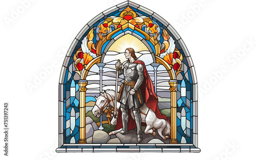 Historic stained glass window in a cathedral portraying religious scenes Isolated on Transparent Background PNG.