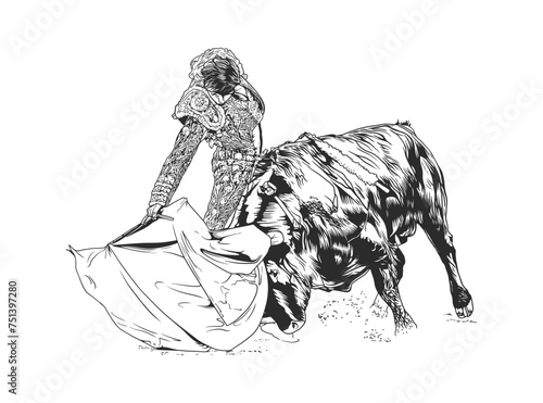 Black and white illustration of a matador skillfully maneuvering around a charging bull