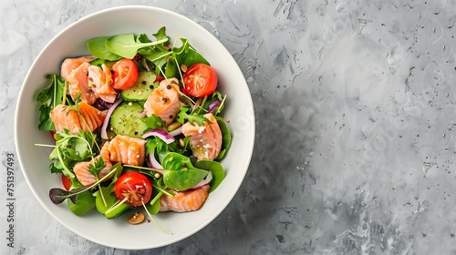 salad with salmon and fresh vegetables in a white bowl