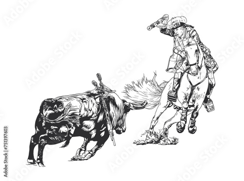 A detailed illustration of a cowboy and horse dodging a bull at a rodeo. Vector line drawing