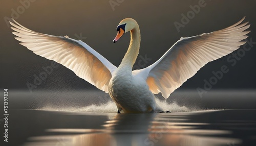swan spreads its wings at dawn