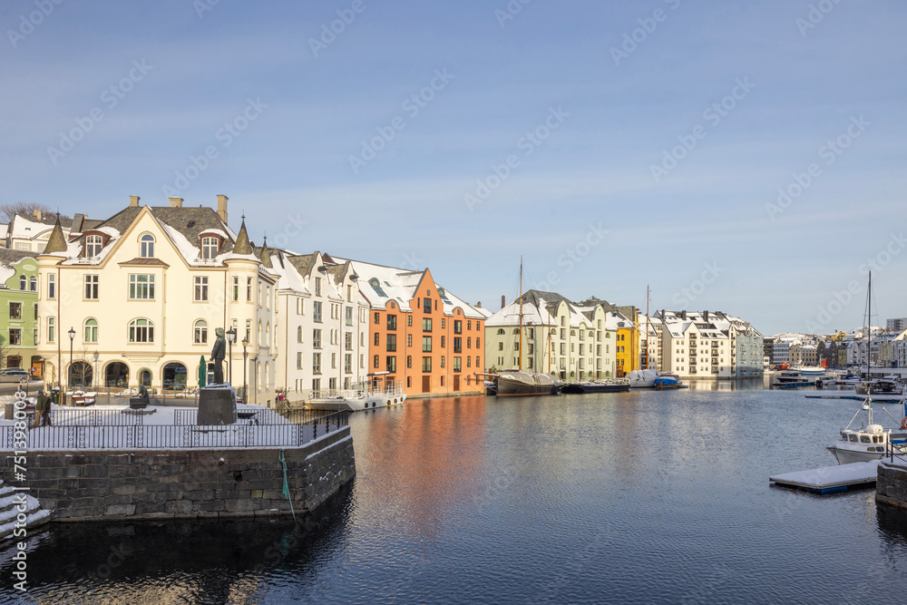 The Jugend city Aalesund (Ålesund) harbor on a beautiful cold winter's day. Møre and Romsdal county	