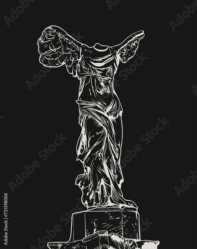 A detailed illustration of the Winged Victory of Samothrace