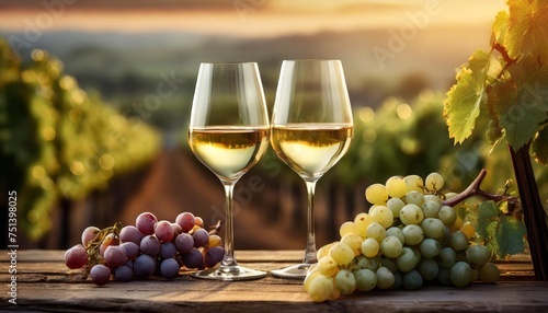 two glasses of white wine and grapes on table in vineyard at sunset