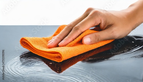 hand wiping surface with orange rag isolated on white