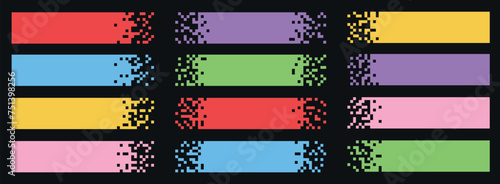 Set of pixel frames. Rectangle with mosaic edges. Horizontal speech bubbles, tags, title, label with pixels. Vector elements.