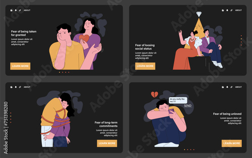 Human fears set. Scared characters confronting personal phobias. Frightened