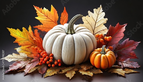 autumn floral composition white decorative pumpkin and colorful autumn leaves cut out on transparent background
