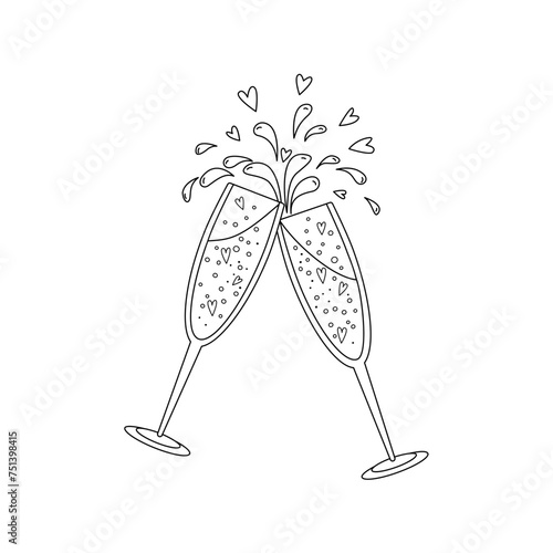 Clinking two glasses with splashes. Vector isolated illustration in line art style.