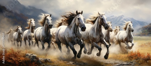 A group of majestic white horses are seen running energetically across a vast open field. The horses are galloping freely, their powerful strides creating a captivating sight as they move together in photo