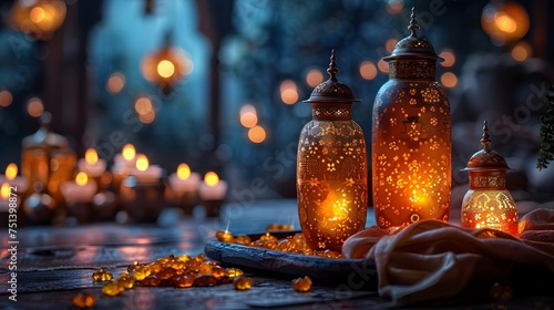Ramadan Themed Wooden Table Decor with Candles and Lanterns