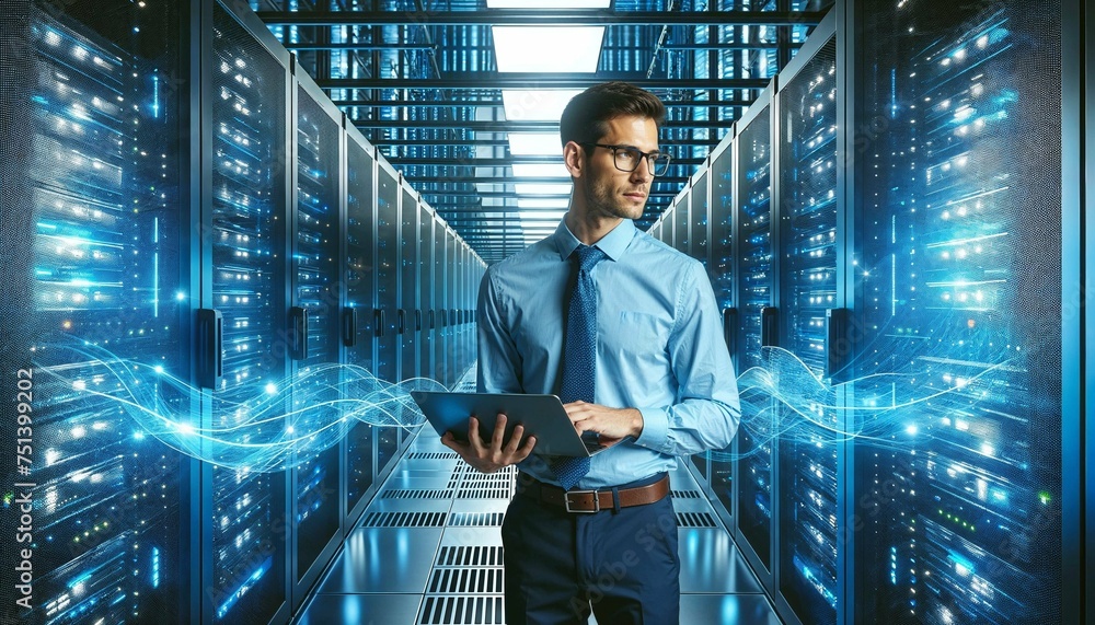 Fototapeta premium Tech professional in data center with laptop among servers and flowing digital data streams in a futuristic setting
