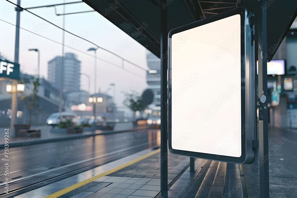 3D Rendering of a Bus Stop with a Billboard in a Hazy Style, Concept of modern transportation and advertising in a city setting, with a focus on
