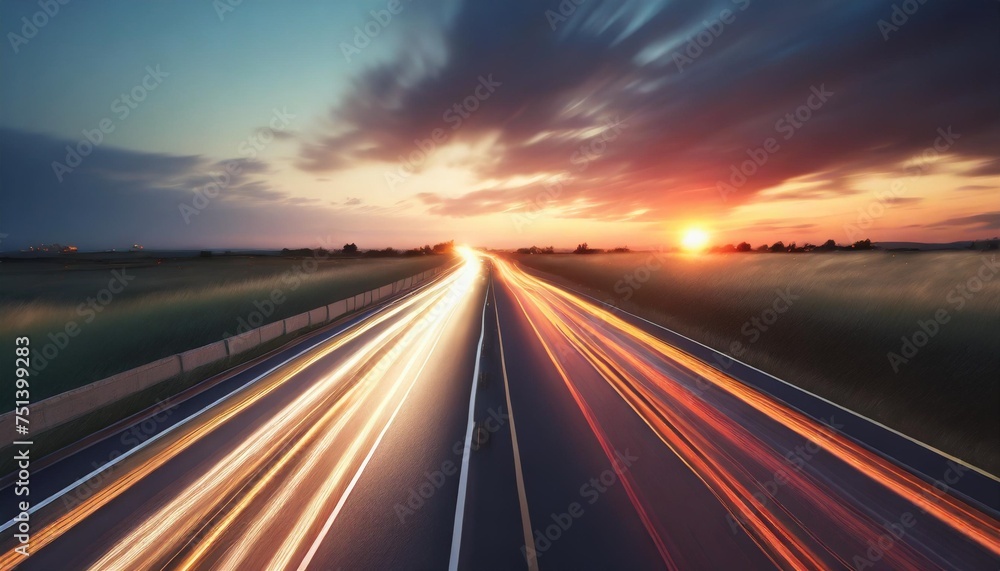 trails of cars lights on the asphalt car road sunset time with clouds and sun drive forward transport creative background long exposure motion and blur