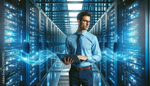 Tech professional in data center with laptop among servers and flowing digital data streams in a futuristic setting