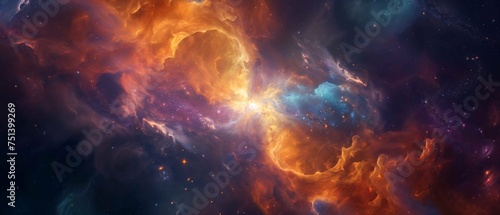 Vibrant cosmic nebula illustration depicting a supernova's energy in oranges, blues, and purples © PhotoPhantom