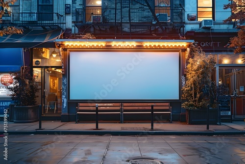 Empty Movie Screen on a New York City Sidewalk at Night, To convey a sense of city life, entertainment, and solitude through an empty movie screen in