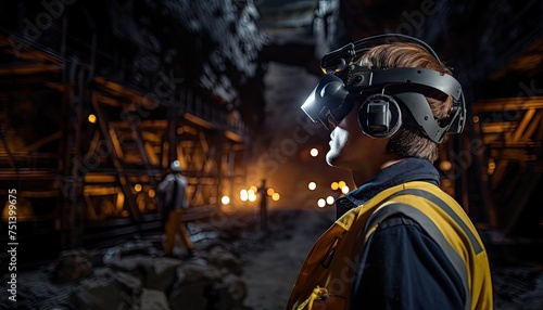 A man is equipped with a helmet and ear muffs while working in a coal mine  surrounded by machinery and equipment.