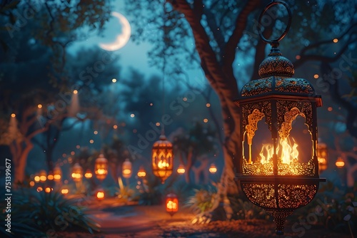 Lanterns in a Moonlit Forest A Realistic Digital Art Piece