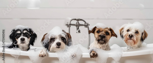 Cute pets taking a bath with soap bubbles photo