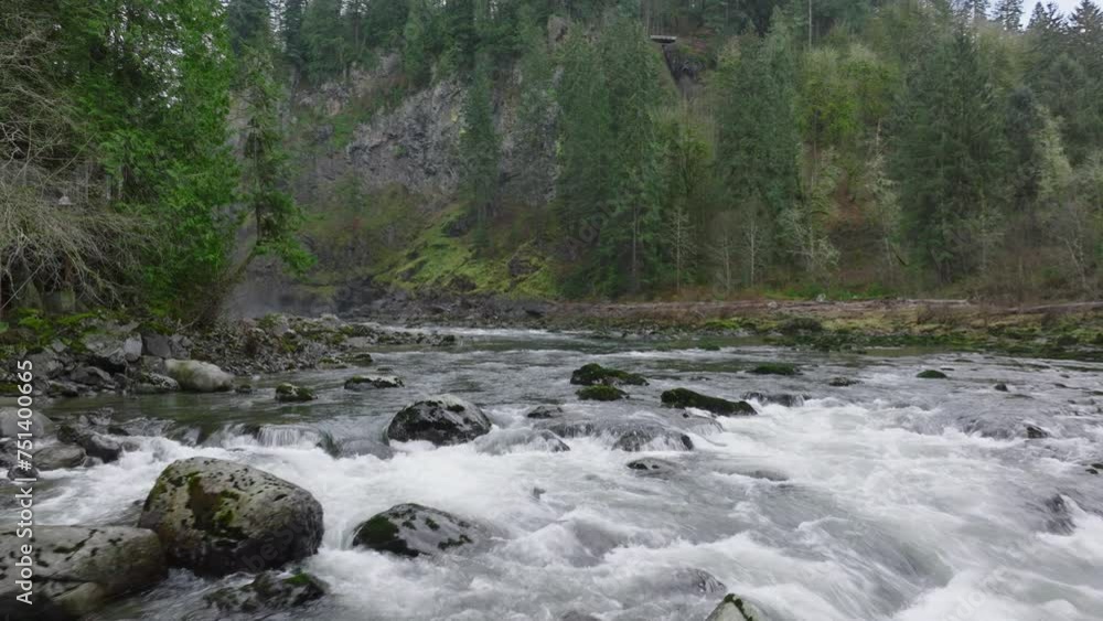 Cinematic Snoqualmie river in green forest 4K. Aerial of scenic Snoqualmie Falls. Waterfall breaking from high steep black cliff falling with splashing drops. Washington nature landmark on cloudy day Cinematic Snoqualmie river in green forest 4K. Aerial of scenic Snoqualmie Falls. Waterfall breaking from high steep black cliff falling with splashing drops. Washington nature landmark on cloudy day