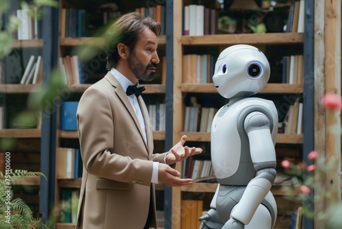 businessman, talking to robot at work