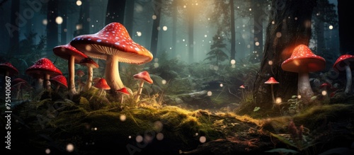 A dense group of fly agaric mushrooms thrives in a magical forest clearing surrounded by tall trees and dappled sunlight. The vibrant red caps and white spots stand out against the green forest floor.