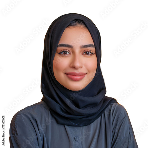 Portrait of smiling woman wearing hijab, beautiful Arab lady isolated on transparent background © The Stock Guy