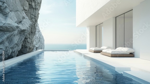 a pool featuring white walls juxtaposed with a black cliff wall, showcasing the seamless integration of art and architecture in minimalist interior design. © lililia