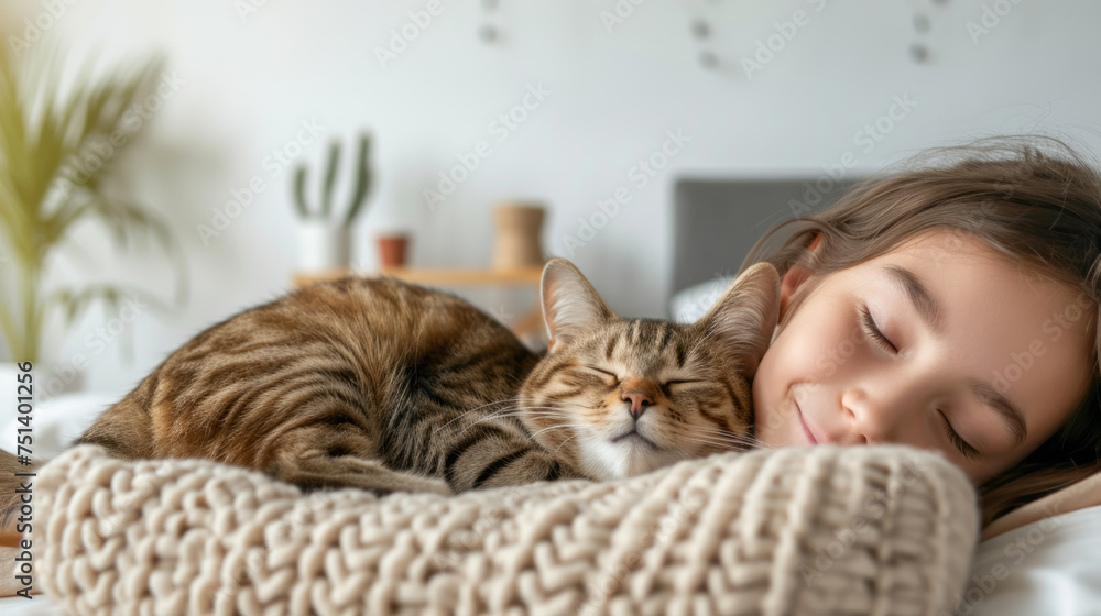 A little girl tenderly hugs her kitten and lies on the bed in the morning in a bright bedroom. Friendship concept between child and pet, copy space for text
A little girl tenderly hugs her kitten and lies on the bed in the morning in a bright bedroom. Friendship concept between child and pet, copy space for text