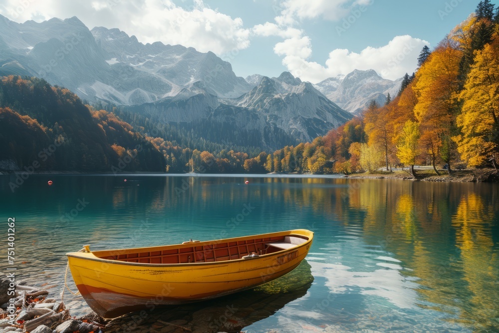 Yellow boat in a lake among mountains and yellow trees. The concept of vacation, travel, tourism.
