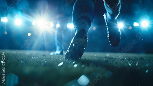 Close-up Legs of a football player on a football field in the light of floodlights during a football match game 