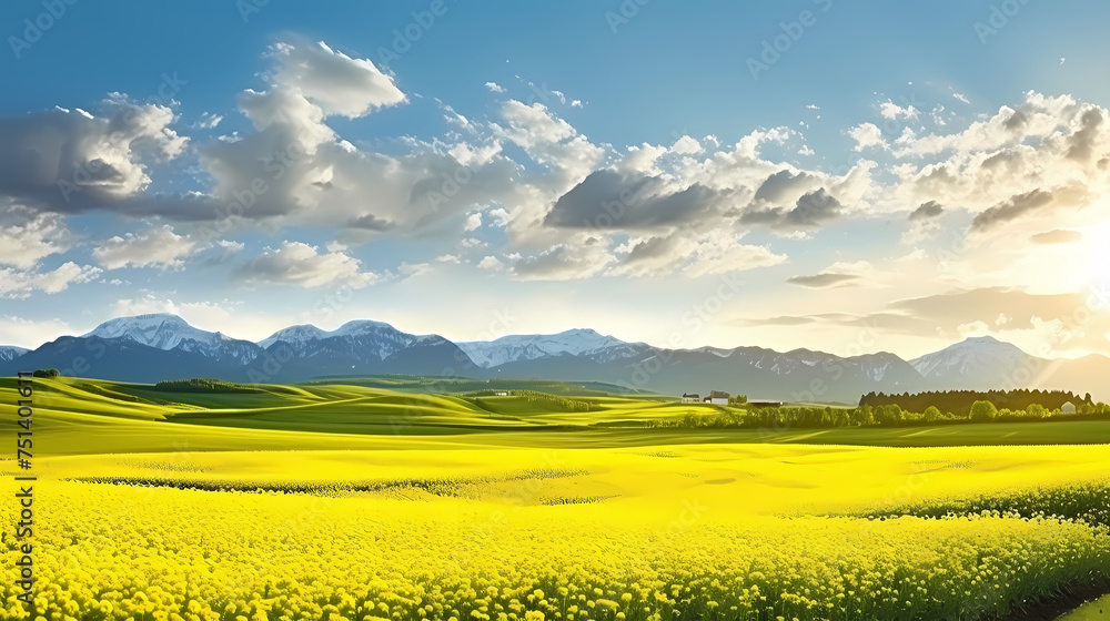 Panoramic view of blooming rapeseed fields surrounded by rolling hills