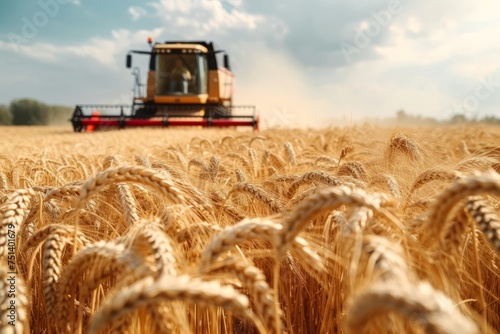 Seasonal wheat harvest by combine, concept of agricultural business, eco products
 photo