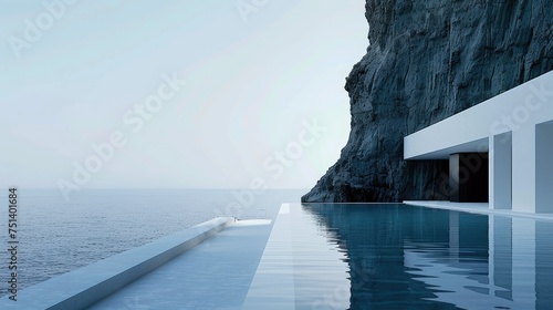 a pool featuring white walls juxtaposed with a black cliff wall, showcasing the seamless integration of art and architecture in minimalist interior design.
