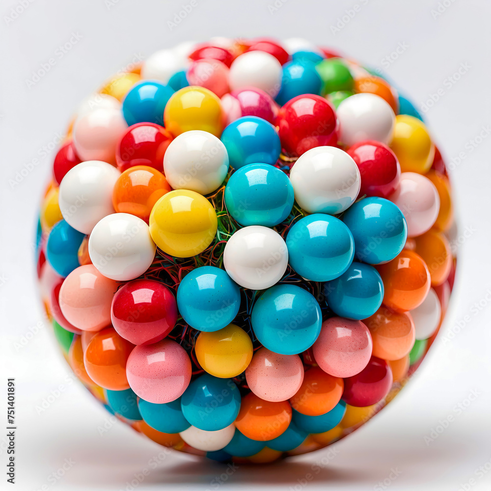 colored gum balls are assembled into a sphere highlighted on a white background